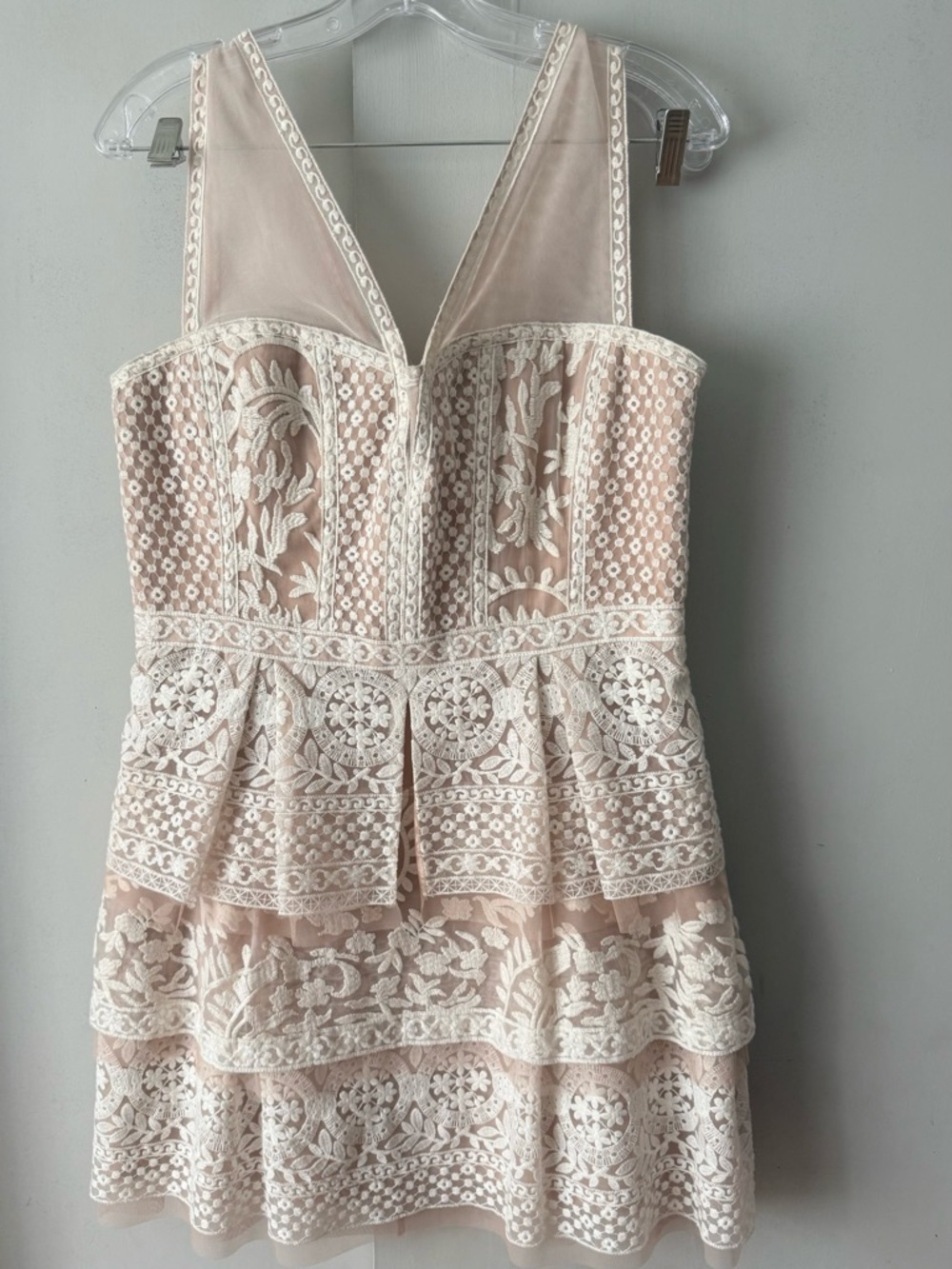 Sleeveless Ivory embroidered Lace Tiered Mini Dress - Picture 4 of 6